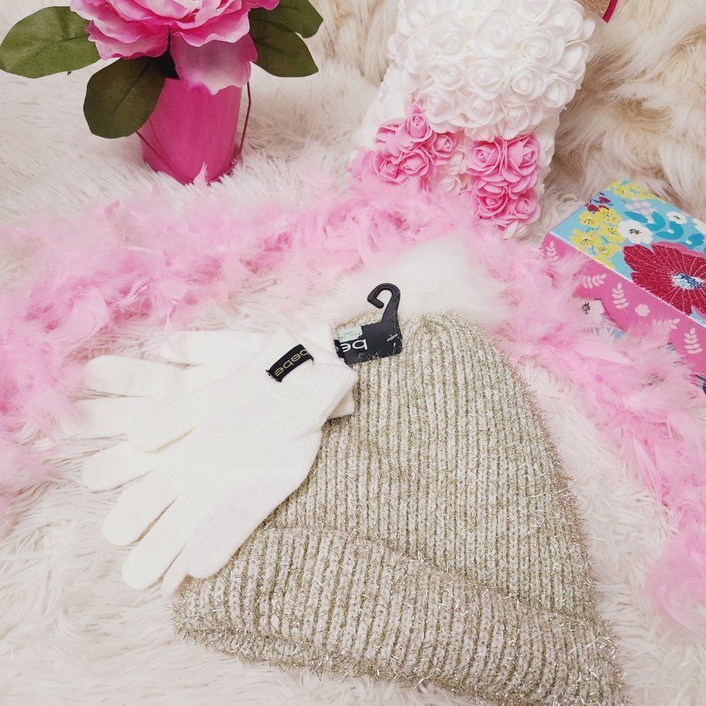 2 pc set BEBE gold shine beanie hat & gloves Set NWT